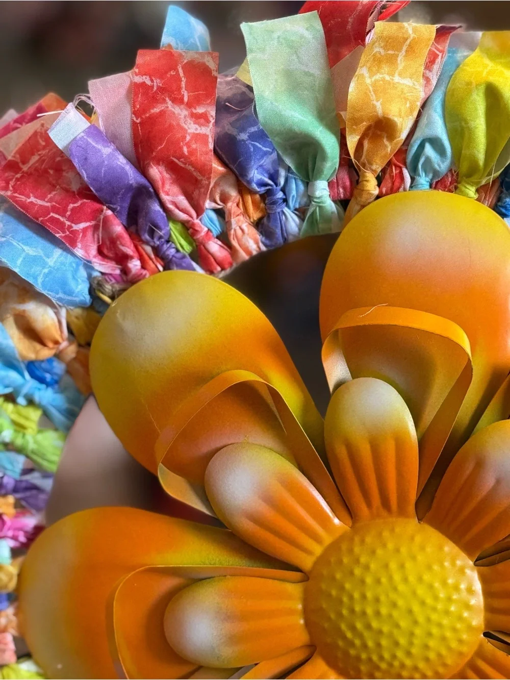 Colorful cloth Wreath with Orange Metal Flower Center - Home Party Decor